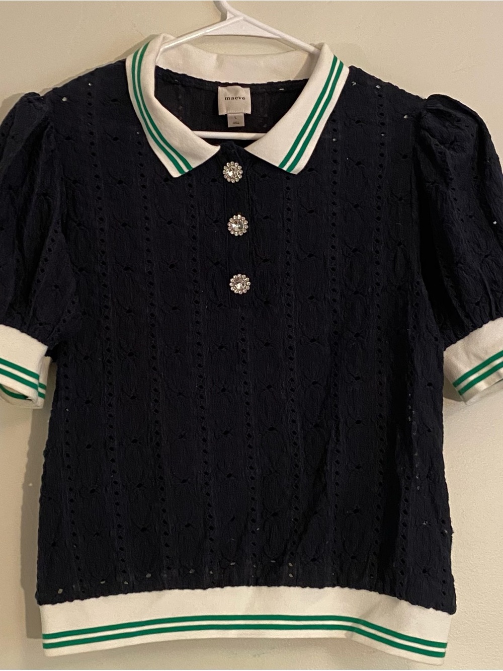 Maeve Knit Navy Polo Top with White & Green Trim and Crystal Buttons
